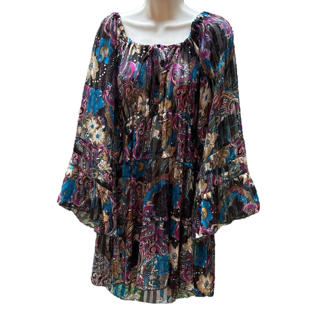 Urban Mango Womens Bohemian Off Shoulder Tie Front Tunic Dress Size L Multicolor